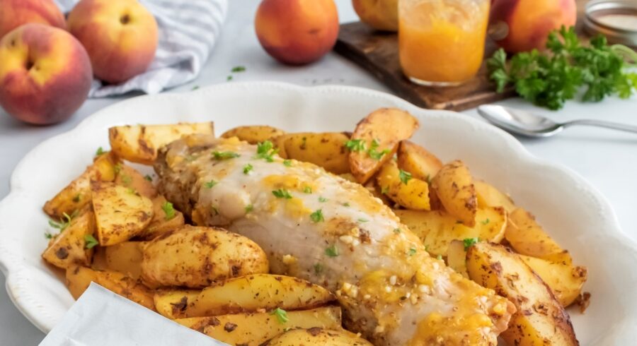 Peach Glazed Pork Tenderloin and Roasted Onion Potatoes photo